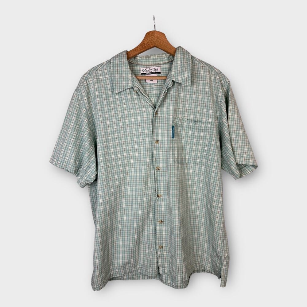 Columbia Mens Large Quartz Valley Plaid Short Sleeve Button Shirt Blue am7626